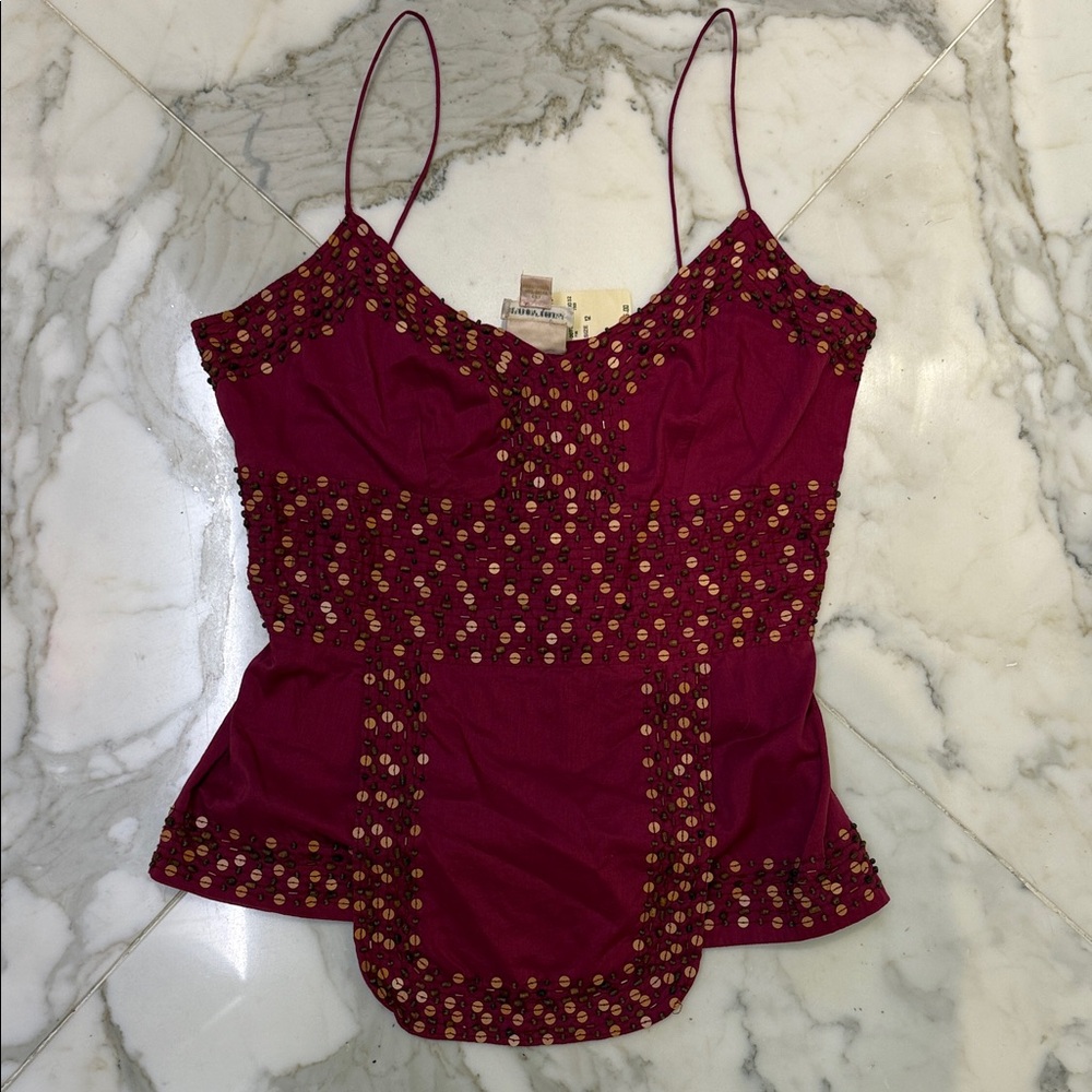 Elegant Tracy Reese for Bergdorf Goodman Burgundy Embellished Women's cotton Top
